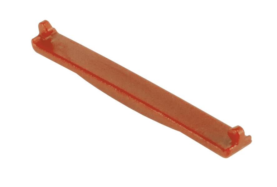 Ein roter Plastikrahmen, schmal und rechteckig, mit leicht erhöhten Enden. Verwendet als Verbindungselement oder Halterung.