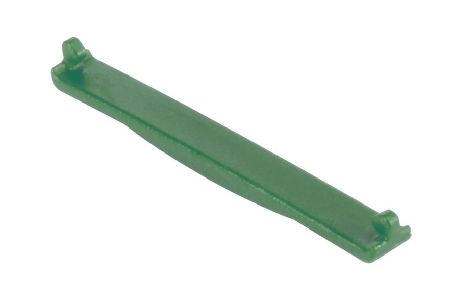 Grüner Plastikclip mit rechteckiger Form und leicht erhöhten Enden, möglicherweise für Befestigungszwecke verwendet.
