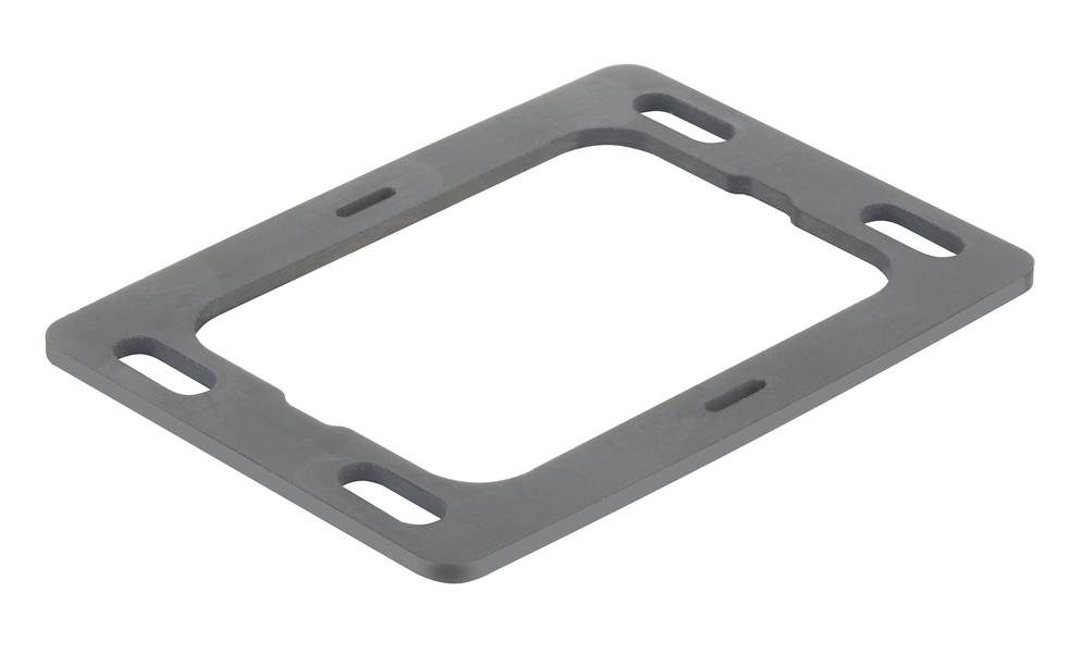 Rechteckige Metallhalterung, flach, mit abgerundeten Ecken und vier ovalen Löchern an den Ecken. Dient zur Befestigung oder Montage.