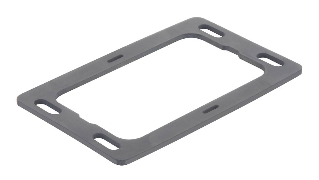 Eine rechteckige, flache Kunststoffplatte mit abgerundeten Ecken und mehreren ovalen Aussparungen, möglicherweise für Befestigungszwecke.
