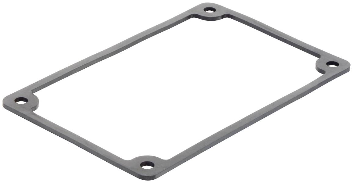 Rechteckige Dichtung mit vier Löchern, aus schwarzem Material, für industrielle Anwendung.
