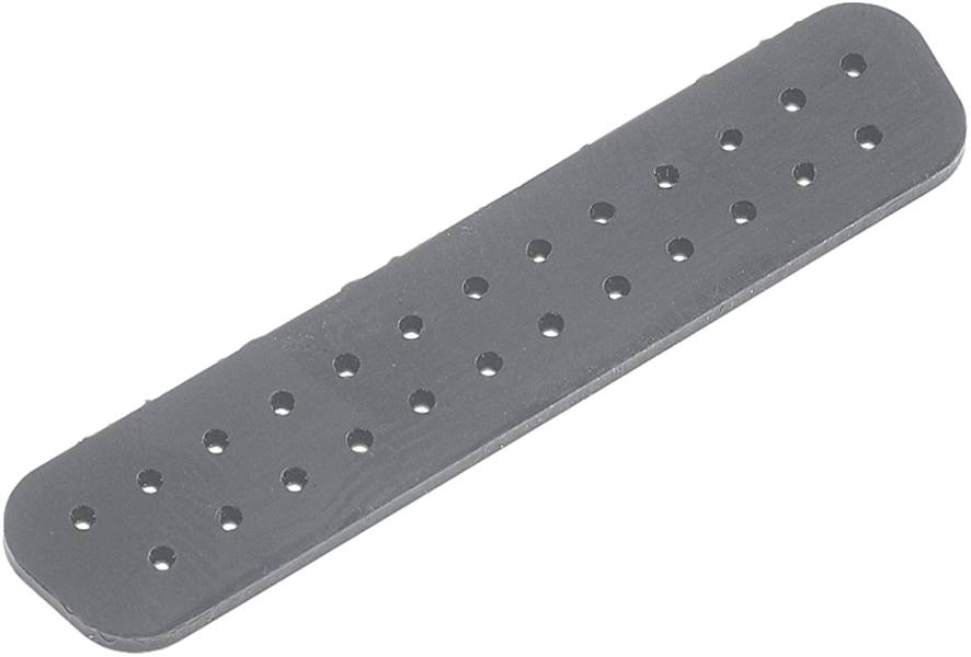 Ein rechteckiges, grau perforiertes Metallstück mit abgerundeten Ecken, möglicherweise Teil eines mechanischen Geräts oder Bausatzes.