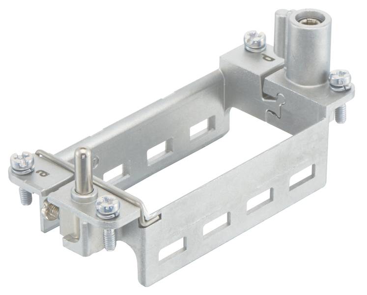 Metallhalterung mit rechteckiger Form, gesichert durch Schrauben und Muttern. Enthält spezielle Öffnungen zur Kabelbefestigung.