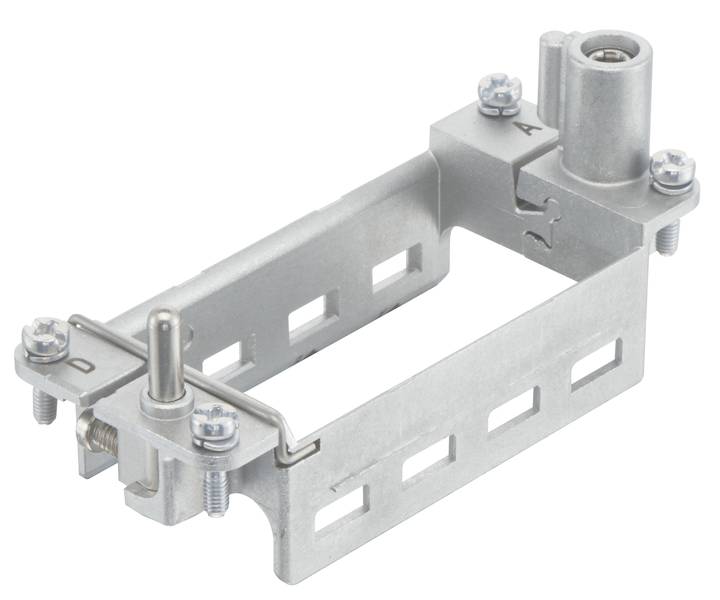 Metallhalterung für elektrisches Bauteil, mit Schraubverbindungen an den Seiten.
