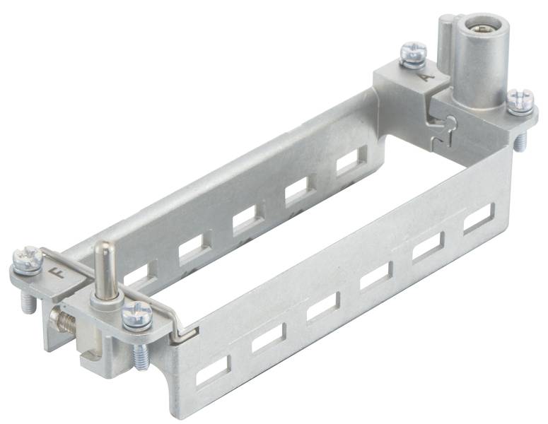 Metallrahmen für elektrische Komponentenmontage, mit mehreren Befestigungslöchern und Schrauben für flexible Installation.