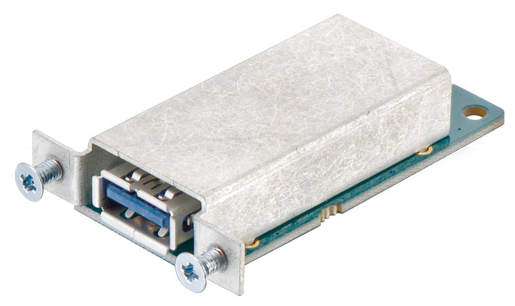 Ein rechteckiges elektronisches Modul mit Metallgehäuse und zwei Schrauben. Es zeigt einen Steckeranschluss an einer Seite.