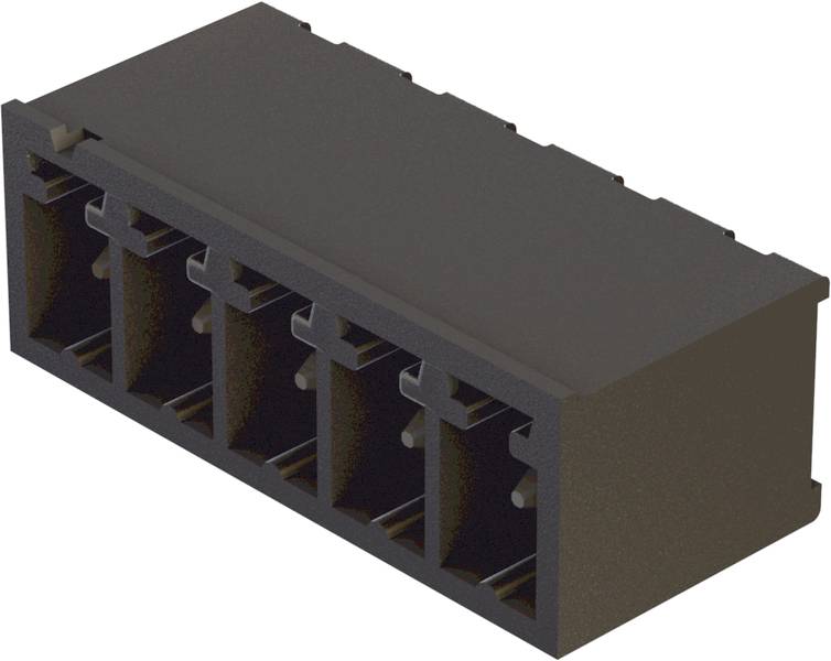 Ein rechteckiger, dunkler Stecker mit mehreren Vertiefungen zur Aufnahme von Stiften oder Kontakten, verwendet in elektronischen Geräten.