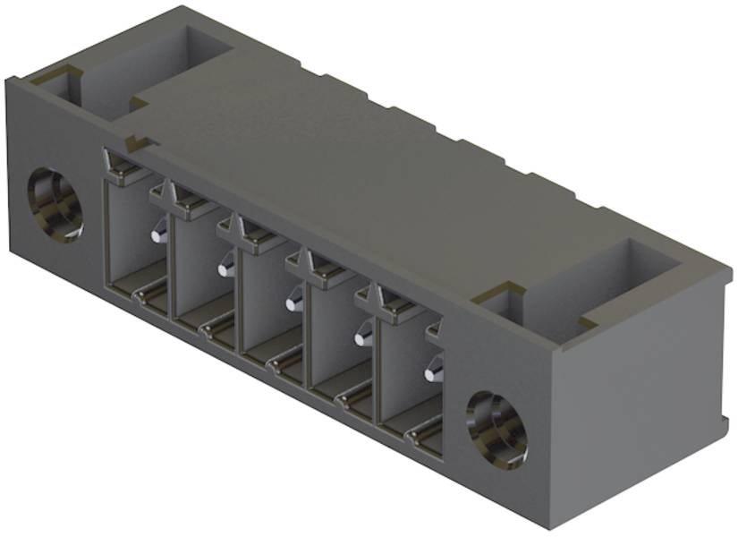 Elektrischer Anschlussstecker mit sechs Buchsen, rechteckig und grau, für elektronische Geräte in industriellen Anwendungen.