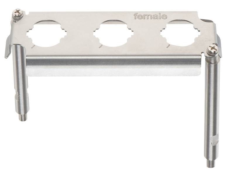 Metallischer Montagehalter mit drei kreisförmigen Öffnungen, beschriftet mit 'female', geeignet für technische Installationen.