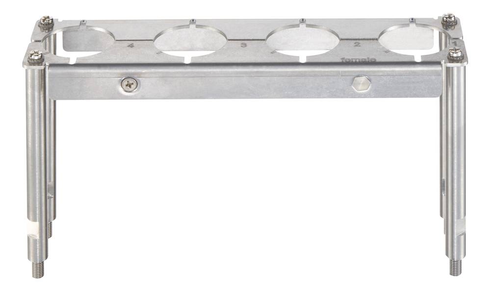 Ein silberner Metallhalter mit vier runden Öffnungen, nummeriert von 1 bis 4, für die Aufnahme von vier zylindrischen Objekten.