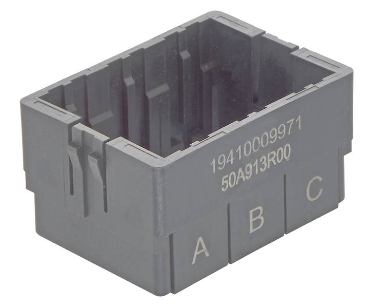 Ein rechteckiges, schwarzes Plastikteil mit den Buchstaben 'A', 'B' und 'C' auf der Vorderseite.