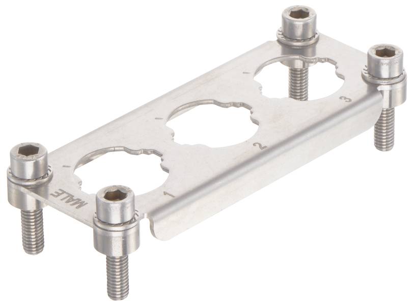 Metallhalterung mit vier Schrauben, geeignet zur Befestigung von Komponenten. Rechteckige Form, Löcher zur Ankerpunktbefestigung.