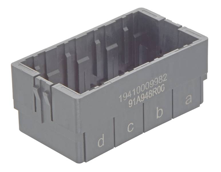 Grauer Kunststoffbehälter mit den Buchstaben 'd', 'c', 'b', 'a' und den Nummern '19410009982' und '91A948R00' auf der Seite.