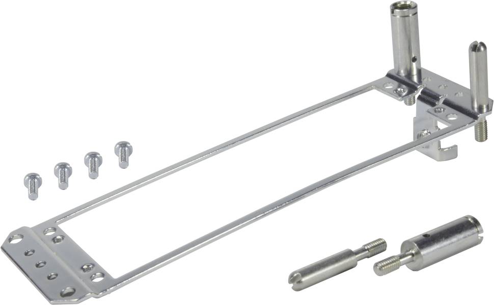 Metallschiene mit Befestigungsbohrungen, Schrauben und Halterungen. Verwendet zur Befestigung von Bauteilen auf einer Oberfläche.