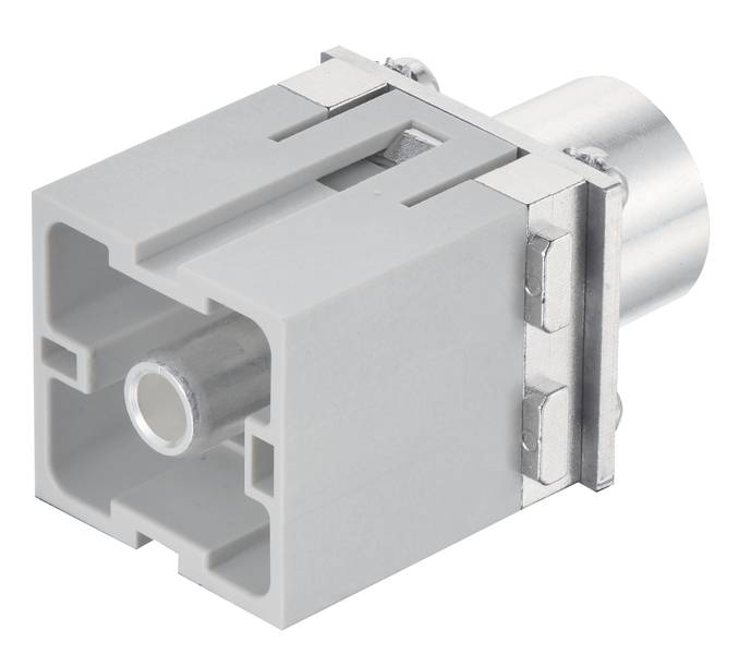 Ein grauer elektronischer Steckverbinder mit rechteckigem Kunststoffgehäuse und Metallstift, der zur Verbindung elektronischer Geräte dient.