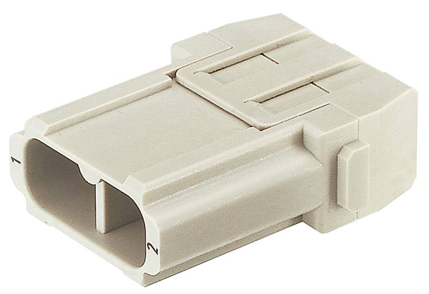 Steckverbinder in hellgrauer Farbe, rechteckige Form mit zwei Pins, dient zur elektrischen Verbindung in technischen Anwendungen.