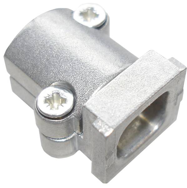 Metallischer Rohrverbinder mit zwei Schrauben zur Befestigung.