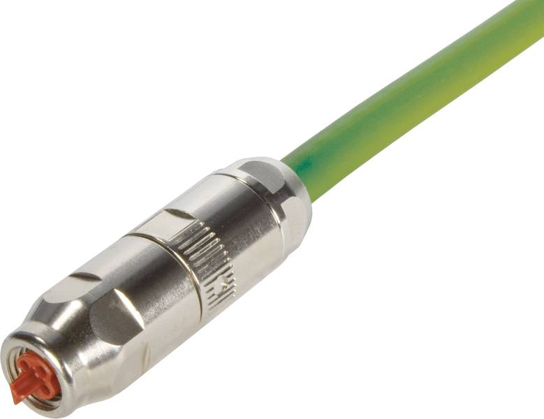 Glänzender Metallstecker an einem gelben Kabel, geeignet für spezialisierte technische Verbindungen oder industrielle Anwendungen.