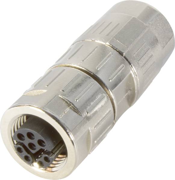 Ein silberner, zylindrischer Steckverbinder mit mehreren Pins, geeignet für elektronische Verbindungen und Anwendungen.