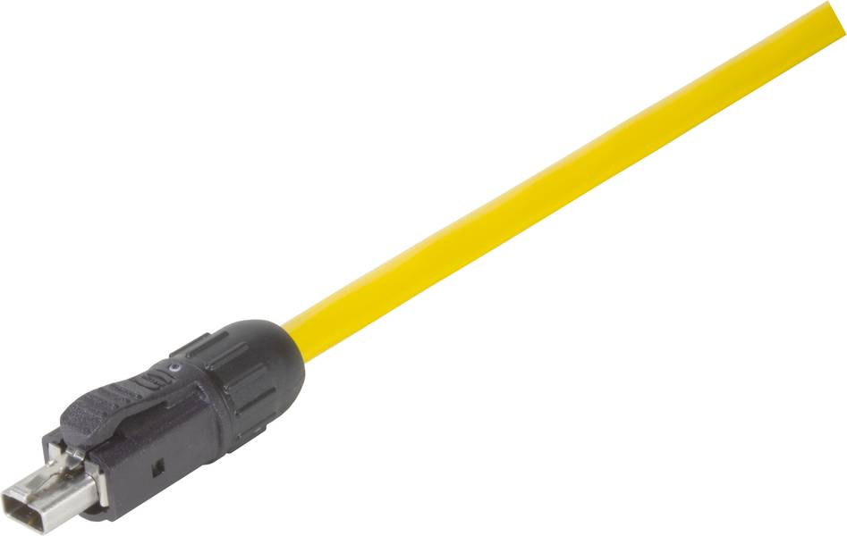 Ein gelbes Ethernet-Kabel mit einem schwarzen Stecker, verwendet für Netzwerkverbindungen.