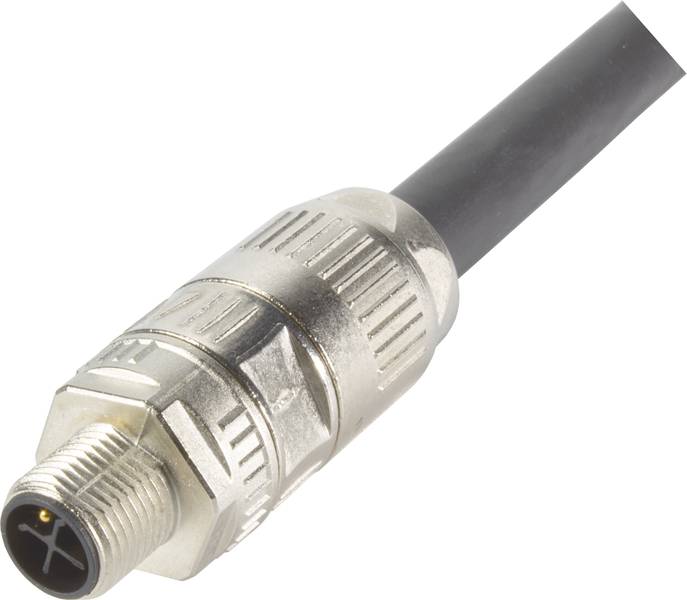 Ein silberner, zylindrischer Stecker mit schwarzem Kabel, geeignet für industrielle Anwendungen.