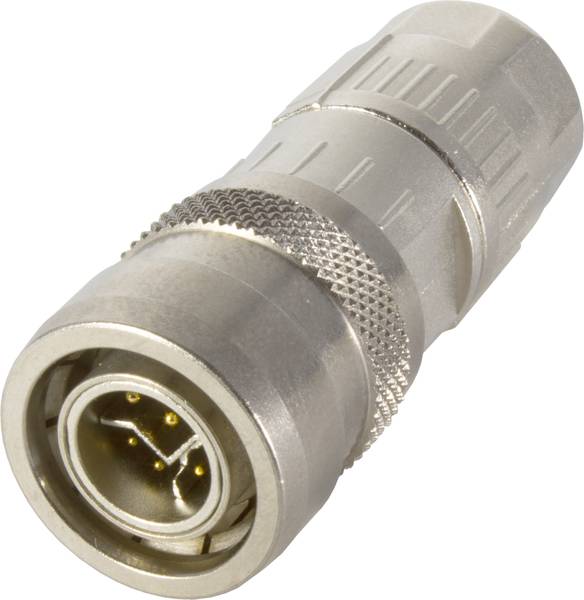 Ein silberner metallischer Stecker mit mehreren Pins, typisch für industrielle oder technische Anwendungen.