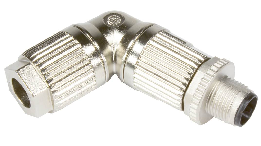 Ein silbernes Winkelfitting aus Metall, das zwei Abschnitte in einem 90-Grad-Winkel verbindet. Es hat geriffelte Oberflächen für besseren Halt.