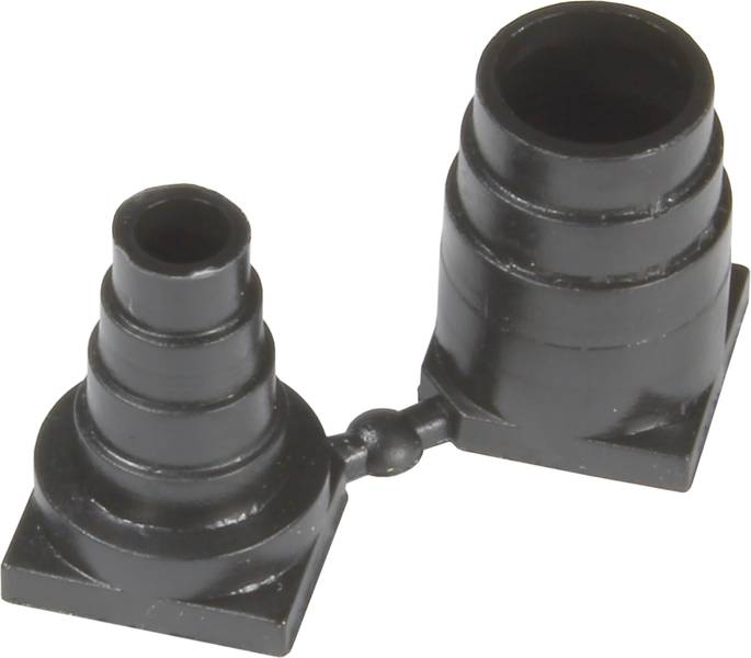 Zwei verbundene schwarze Plastikteile mit abgestuften zylindrischen Formen, die eine Verbindung zwischen unterschiedlichen Durchmessern darstellen.