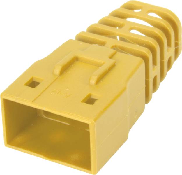 Gelber Kunststoffanschlussstecker mit rechteckiger Form und offenem Gitterdesign, geeignet für elektronische Geräte.
