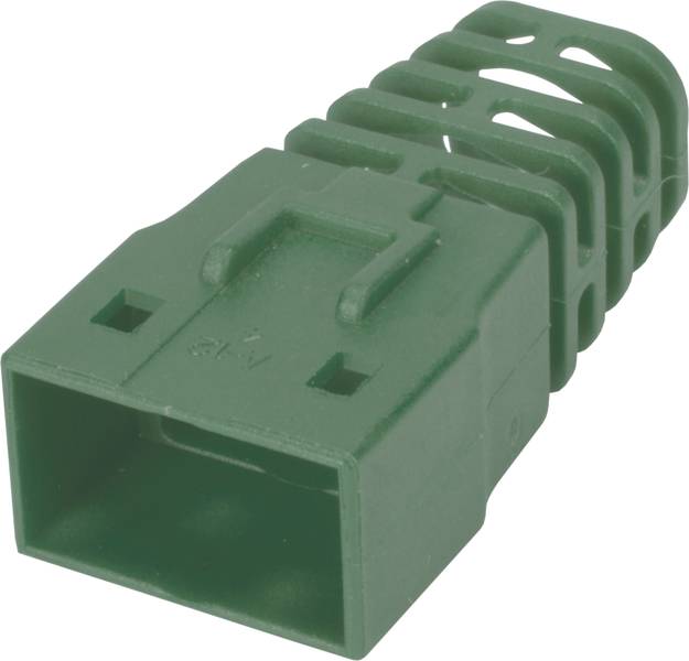 Grüner Kunststoffstecker mit rechteckigem Gehäuse und Lüftungsschlitzen, oft in elektrischen Geräten verwendet.
