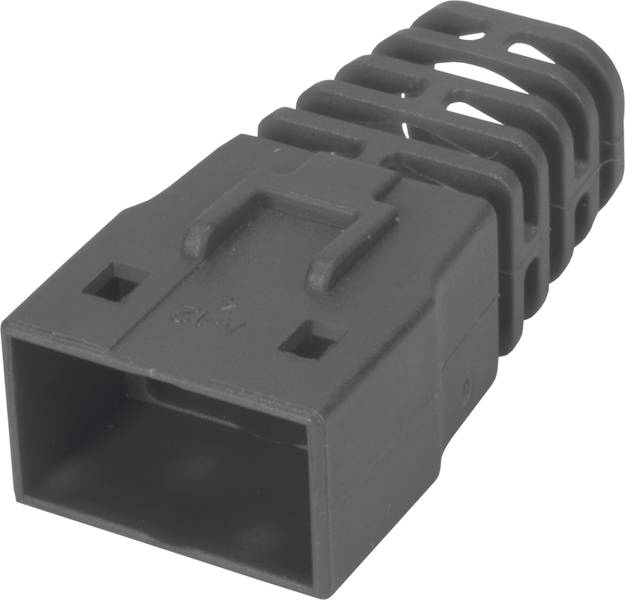 Ein schwarzer, rechteckiger Kunststoffstecker mit abgerundeten Ecken und kabelförmigen Erweiterungen.