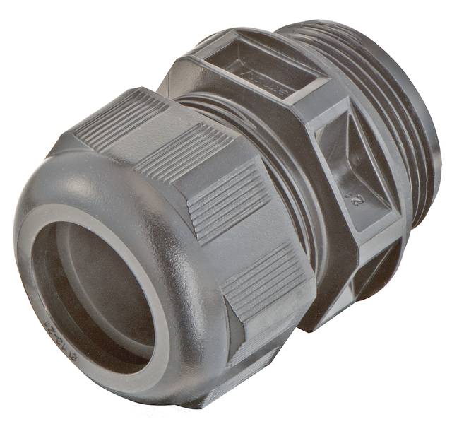 Kunststoff-Kabelverschraubung mit Gewinde, geripptem Gehäuse und Dichtung. Wird zur sicheren Verbindung und Abdichtung von Kabeln verwendet.