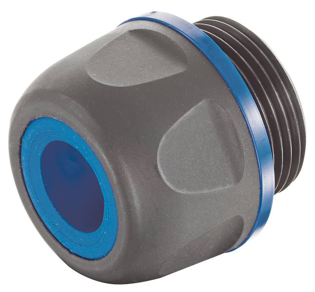 Grauer Kunststoffadapter mit blauem Ring, Kegelstumpfform, Gewindeanschluss. Verwendung für Verbindungszwecke in Rohrsystemen.