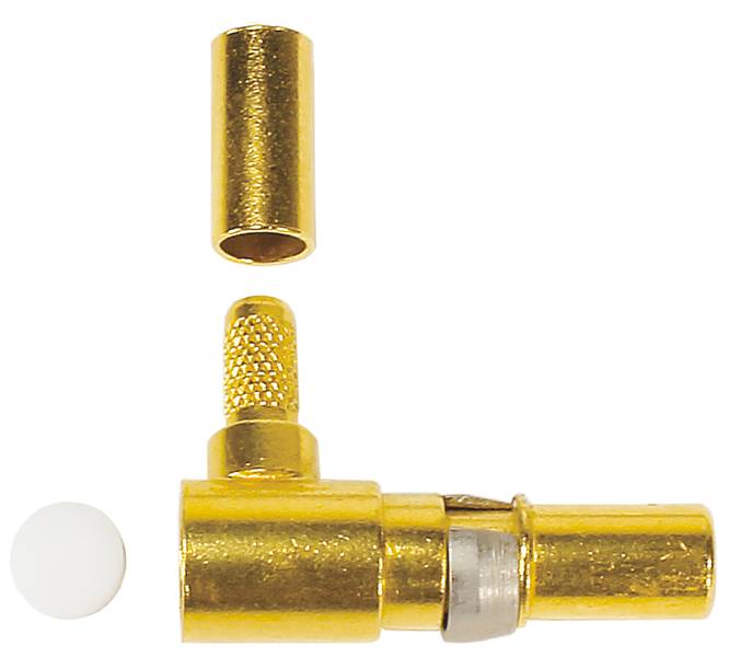 Goldener, freistehender Winkelstecker mit abnehmbarem Teil und weißem Kunststoffelement daneben vor weißem Hintergrund.