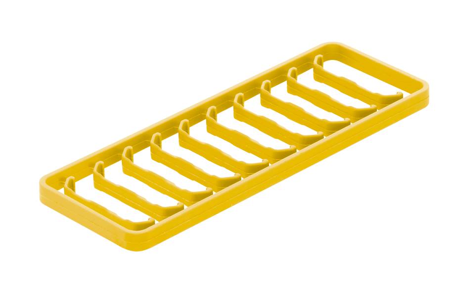 Gelbes Plastikteileträger-Tablett mit mehreren schmalen Fächern in einer Reihe, geeignet zur Organisation kleinerer Gegenstände.