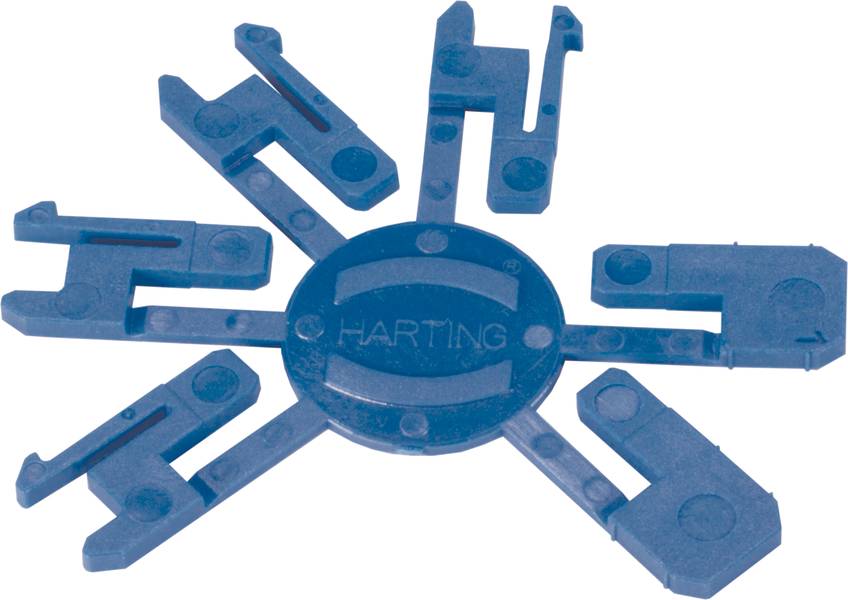 Blaues Kunststoff-Werkzeug in sternförmigem Design, mit der Aufschrift 'HARTING' in der Mitte. Verwendet für Elektromontage.