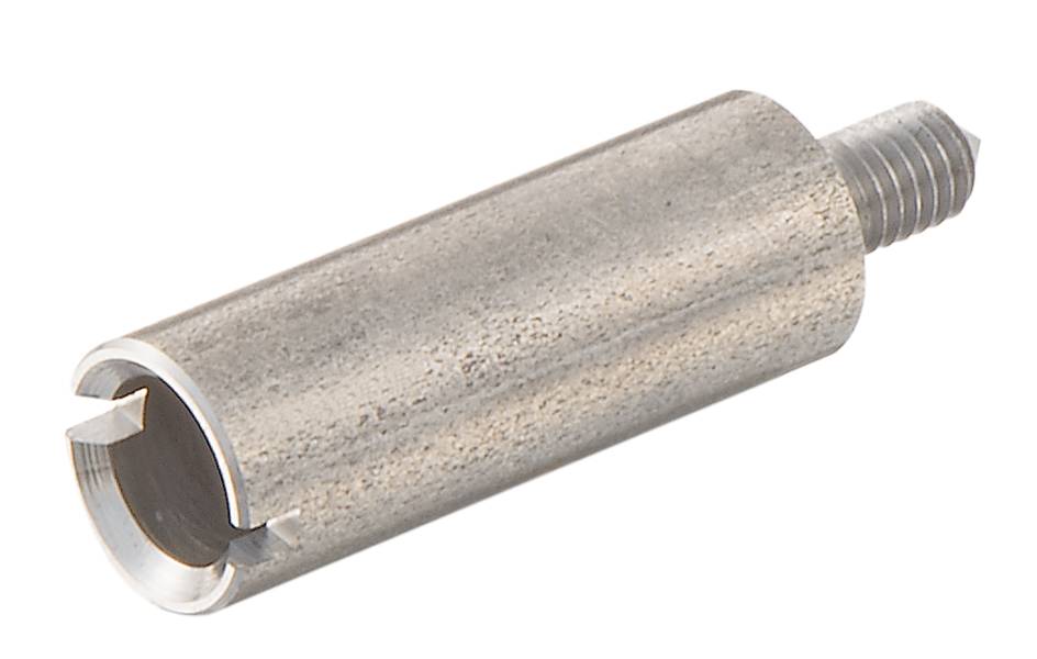 Metallstift mit einem Schraubengewinde und einer Öffnung am Kopfende, vermutlich ein Befestigungselement für Maschinen oder Geräte.