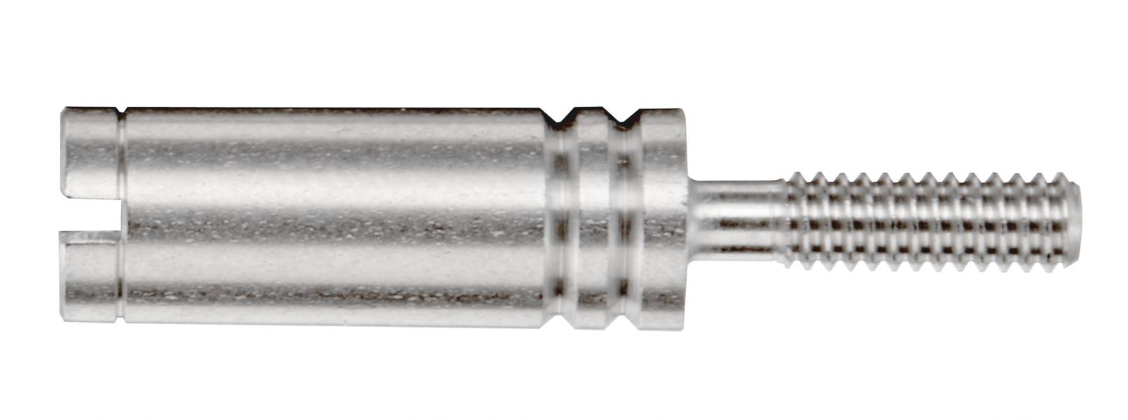 Metallisches Befestigungselement mit Gewinde links und glatter zylindrischer Oberfläche rechts. Geeignet für mechanische Verbindungen.
