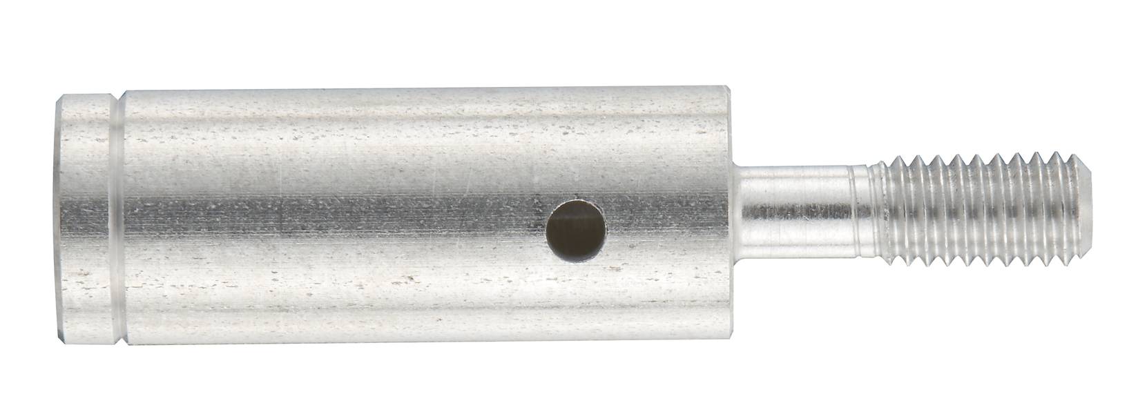 Metallzylinder mit Gewindebolzen, großer Bohrung an der Seite.