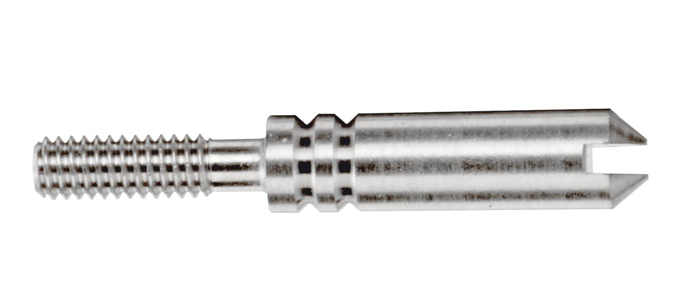 Ein silberner metallischer Schraubaufsatz mit geriffeltem Gewinde und einer gespaltenen Spitze, geeignet für mechanische Befestigungen.
