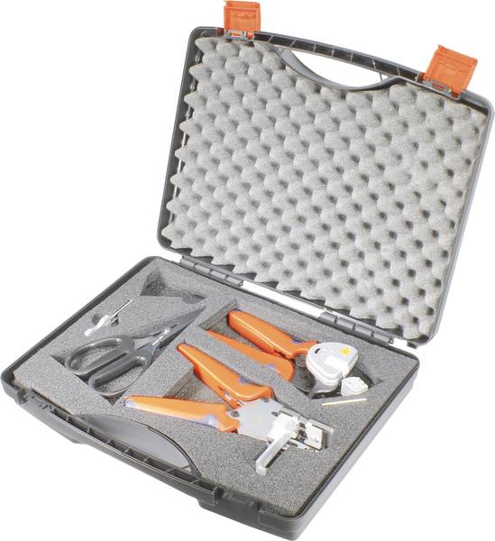 Offener Werkzeugkoffer mit Schaumstoffeinlage, enthält Zange, Schere und weiteres Werkzeug. Ideal für präzise Reparaturen.