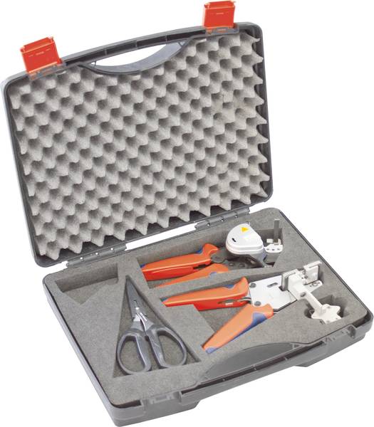 Werkzeugkoffer mit verschiedenen Handwerkzeugen, darunter Zangen und Drahtschneider, in einem schaumstoffgepolsterten Koffer.