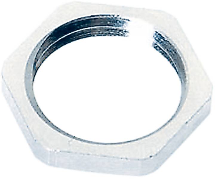 Sechskantmutter aus Metall, silbrig glänzend. Sie hat eine hexagonale Form und ist offen in der Mitte. معدات صلبة لربط الأشياء معًا.