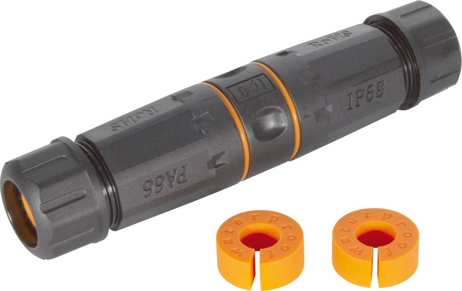Wasserdichter Kabelverbinder IP68 in Schwarz mit zwei orangen Dichtungseinsätzen. Geeignet für elektrische Verbindungen im Freien.