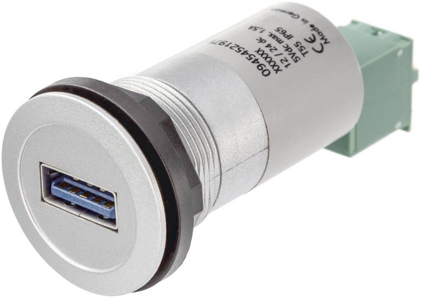 USB-Anschluss als runde Buchse in Metallgehäuse, geeignet für industrielle Anwendungen. Verfügt über einen USB-Typ-A-Port.