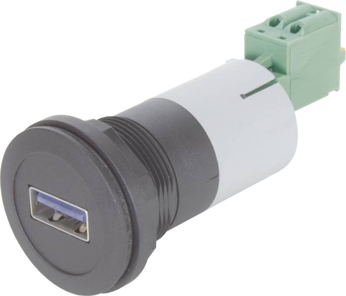USB-Anschlussbuchse mit schwarzer, zylinderförmiger Fassung und grünem Steckverbinder.