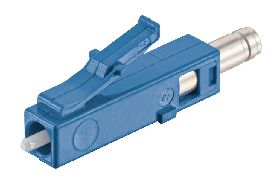 Blauer Glasfaserstecker mit Metallstift, LC-Typ, zur Verbindung von Glasfaserkabeln in Kommunikationsnetzen.