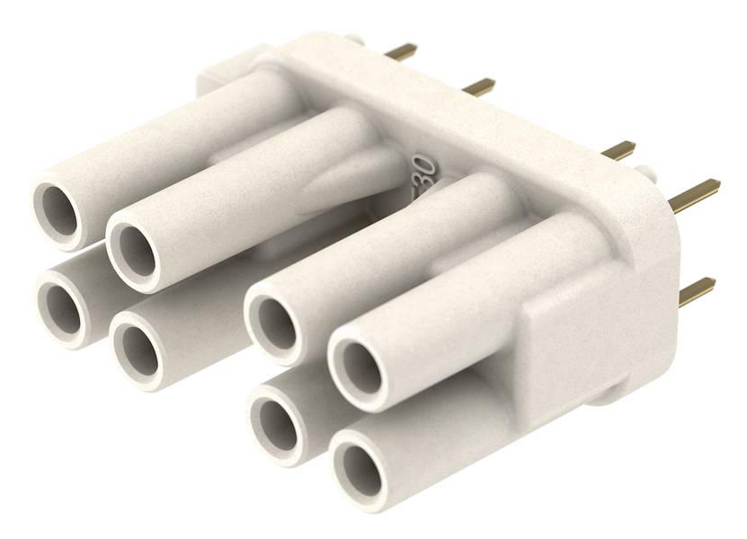 Ein weißer, sechspoliger Steckverbinder mit Metallstiften, verwendet für elektronische Verbindungen, liegt horizontal auf einer Oberfläche.