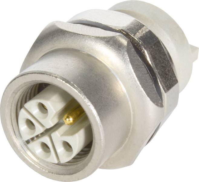 Ein silberfarbener, zylindrischer Stecker mit drei Polen, geeignet für elektrische Verbindungen, aus Metall gefertigt.