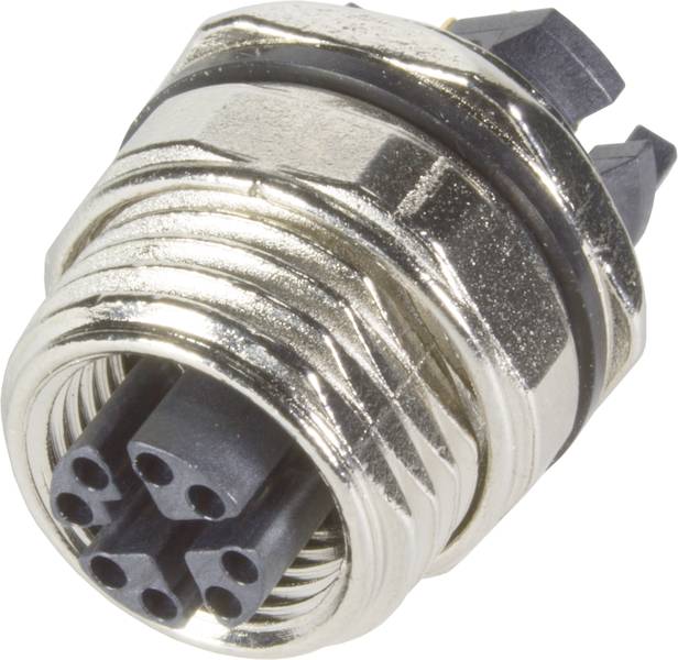 Ein silberner, metallischer Rundstecker mit mehreren schwarzen Pins auf der Vorderseite, verwendet für elektronische Verbindungen.